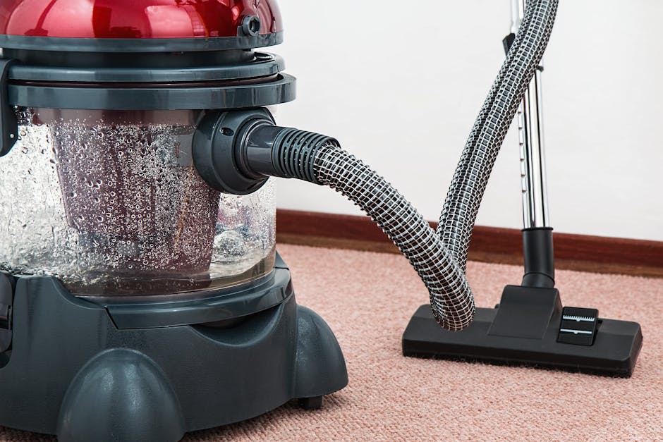 Close-up of a modern vacuum cleaner with a transparent dust container filled with debris, positioned on a beige carpet in a residential setting. The vacuum's flexible hose is attached to a wide, flat 
